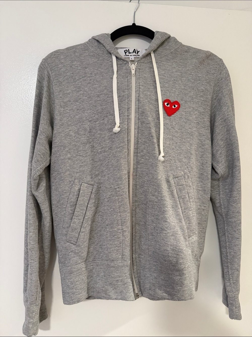 Comme des Garcons PLAY Gray Zip Hoodie with Red Heart Patch